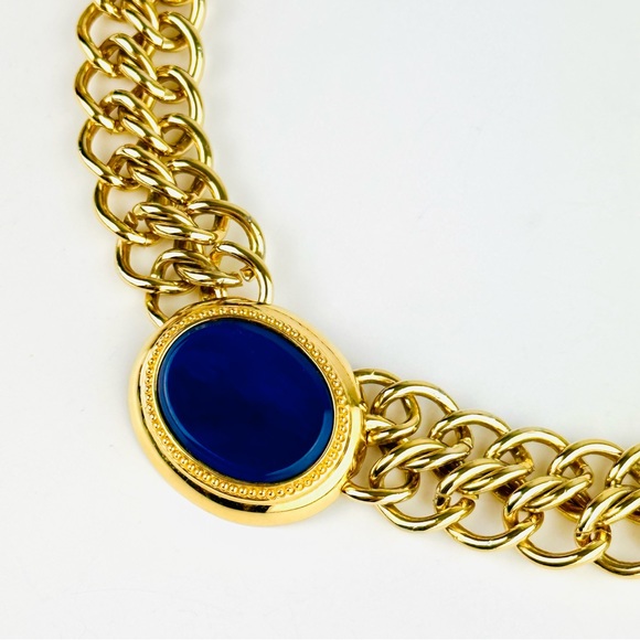 VTG 80s Monet Chunky Chain Link Blue Lapis Glass Gold Plated Collar Necklace - Picture 5 of 14